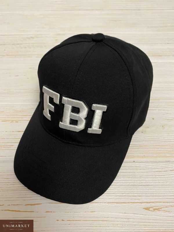 Придбати в інтернет-магазині жіночу чорну кепку з котону з написом FBI білого кольору дешево