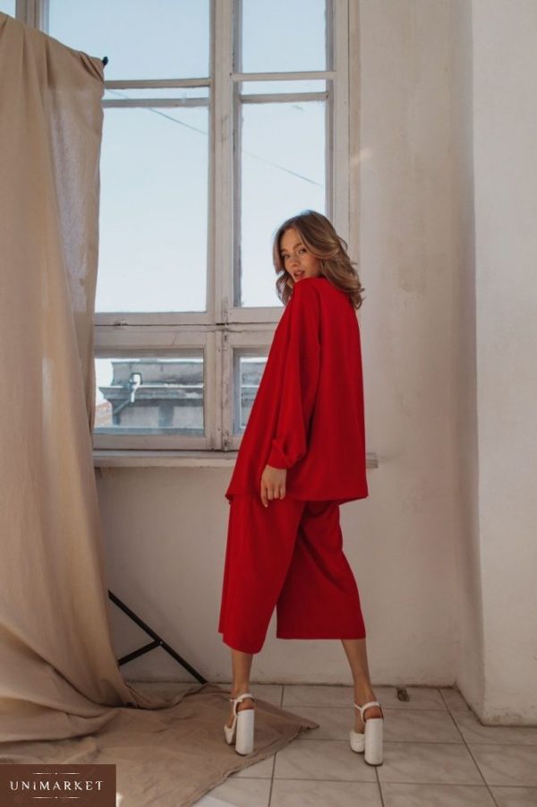Замовити в подарунок жіночий костюм: сорочка + штани з шовку кюлоти кольору червоного недорого