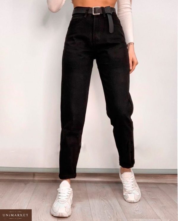 Придбати недорого жіночі джинси мом з високою талією з поясом в комплекті чорного кольору оптом Україна