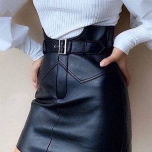 Приобрести недорого женскую юбку из эко кожи с высокой посадкой черного цвета оптом Украина