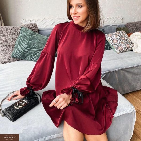 Приобрести недорого женское свободное платье из шелка с объемными рукавами вишневого цвета оптом Украина