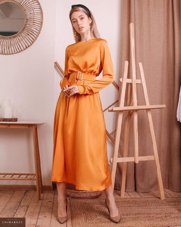 Приобрести недорого женское платье миди из нежного шелка с юбкой солнце оранжевого цвета оптом Украина