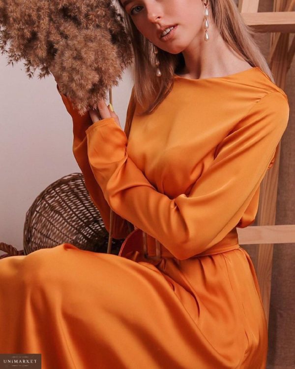 Заказать в подарок женское миди платье из нежного шелка с юбкой солнце цвета оранжевого дешево