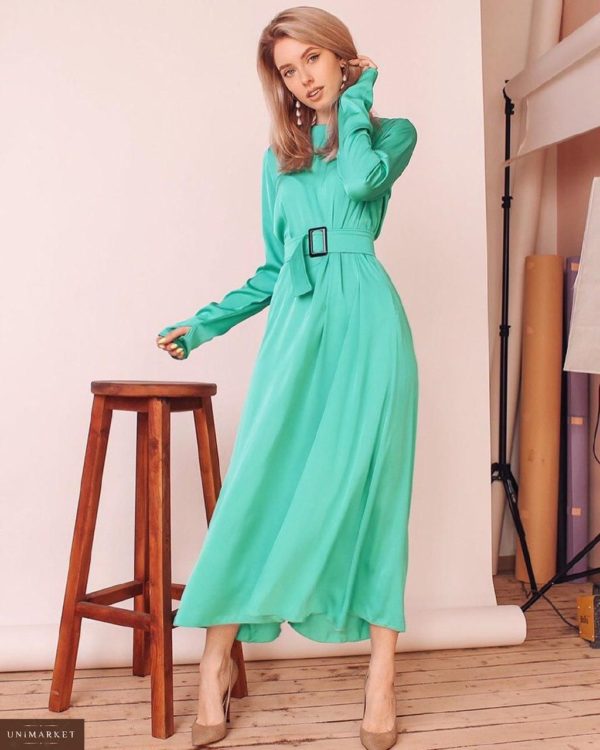 Приобрести в интернет-магазине женское платье из нежного шелка с юбкой солнце миди мятного цвета дешево