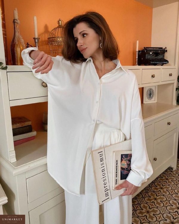 Приобрести недорого женский костюм: рубашка + штаны из шелка молочного цвета оптом Украина