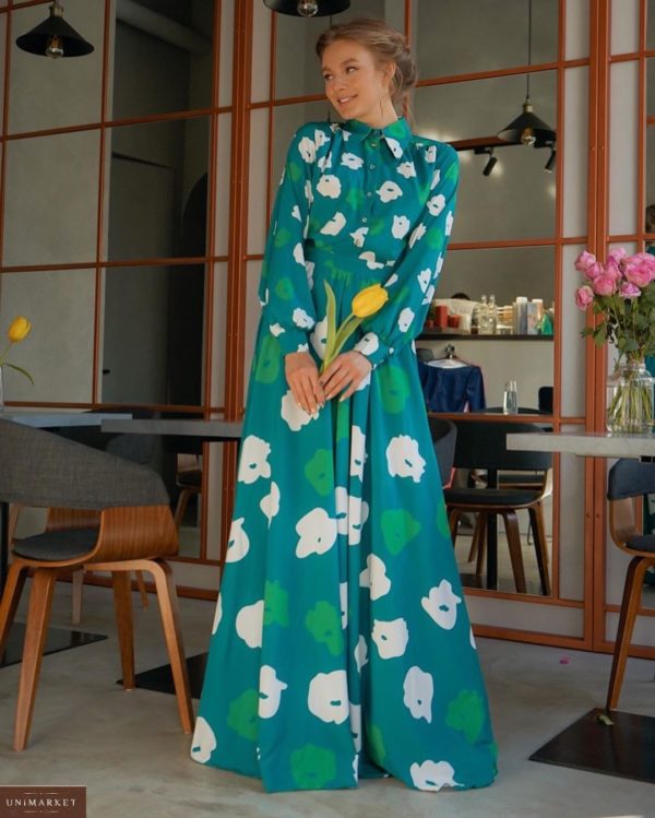 Заказать красивое женское платье длины макси с цветочным принтом изумрудно-зеленое в Украине, Одессе, Харькове