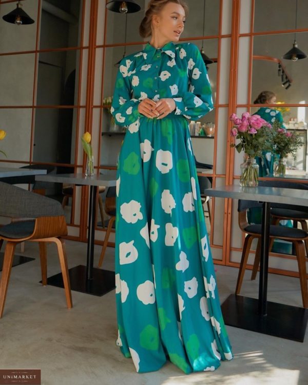Купити дешево жіноч сукня довжини максі з квітковим принтом смарагдово-зеленого кольору в інтернет-магазині