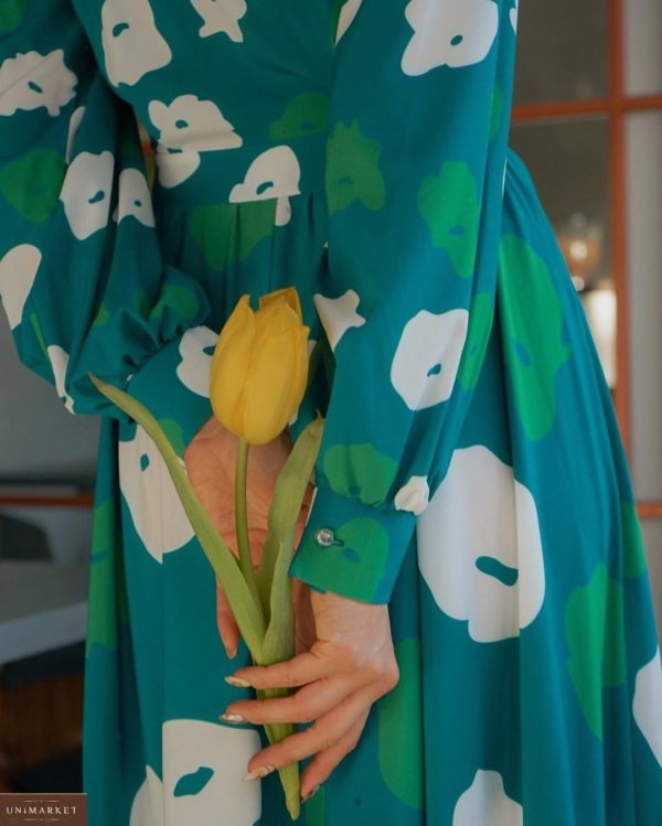Купити недорого жіночу сукню довжини максі з квітковим принтом смарагдово-зеленого кольору в Дніпрі, Львові, Києві