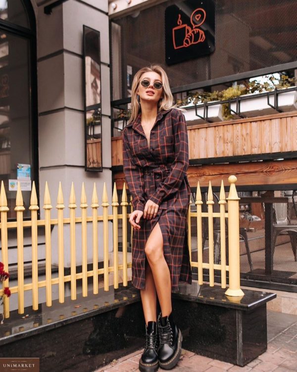 Замовити жіночу сукню - сорочка в клітку коричневу в Україні