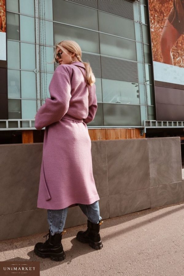 Купить дешево женское пальто из кашемира на запах и шерсти под пояс розового цвета в подарок