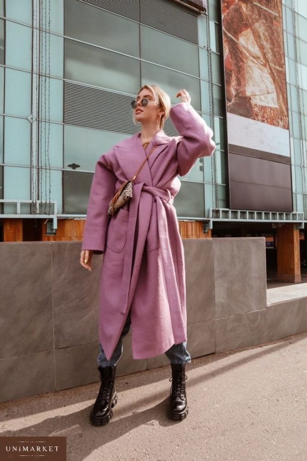 Заказать в подарок женское пальто под пояс на запах из кашемира и шерсти цвета розового недорого
