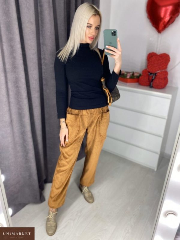 Заказать недорого женские брюки с карманами коричневого вельветовые цвета оптом Украина