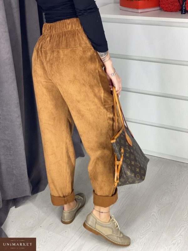 Придбати дешево вельветові жіночі брюки з кишенями кольору коричневого недорого