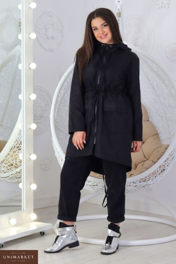 Приобрести недорого женский тренчкот с капюшоном и карманами черного цвета оптом Украина