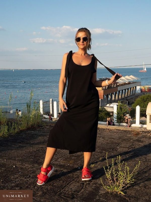 Приобрести недорого женское длинное платье из хлопка с завязками на плечах черного цвета оптом Украина
