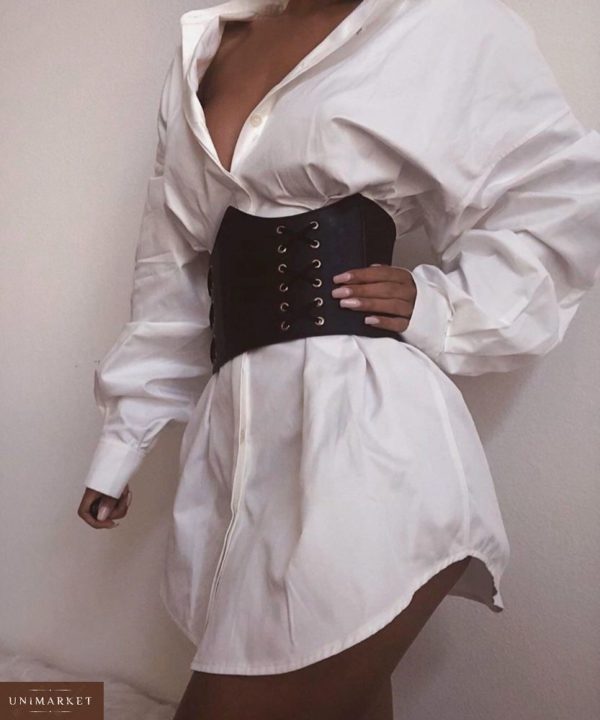 Придбати недорого жіноче біле плаття-сорочка на бавовняній основі з шкіряним корсетом оптом Україна