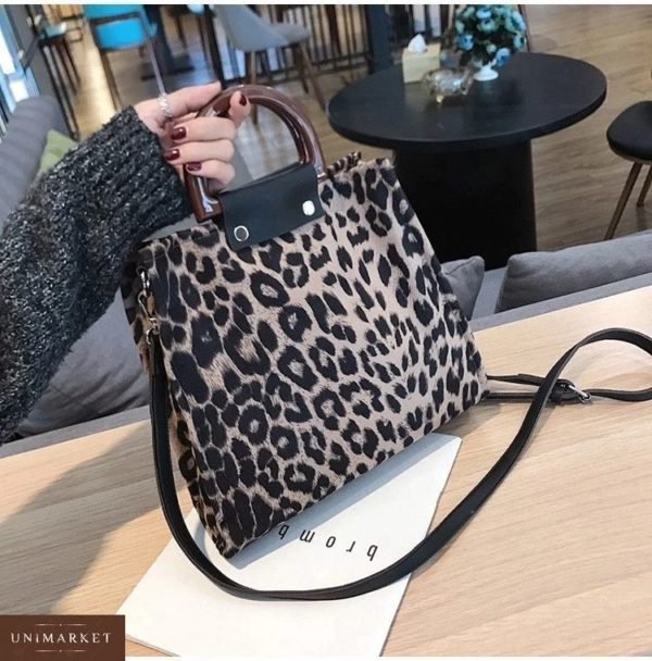 Придбати недорого жіночу сумку з сірим леопардовим принтом і дерев'яними ручками оптом Україна
