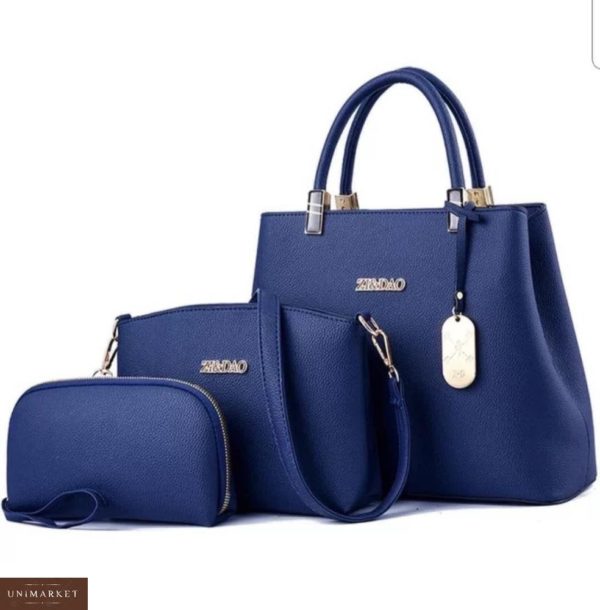 Купити дешево сумку жіночу 3в1 клатч і косметичка синього кольору в подарунок