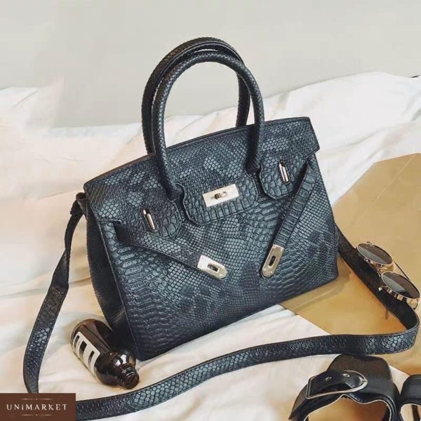 Приобрести недорого женскую сумку в классическом стиле со змеиным принтом черного цвета оптом Украина