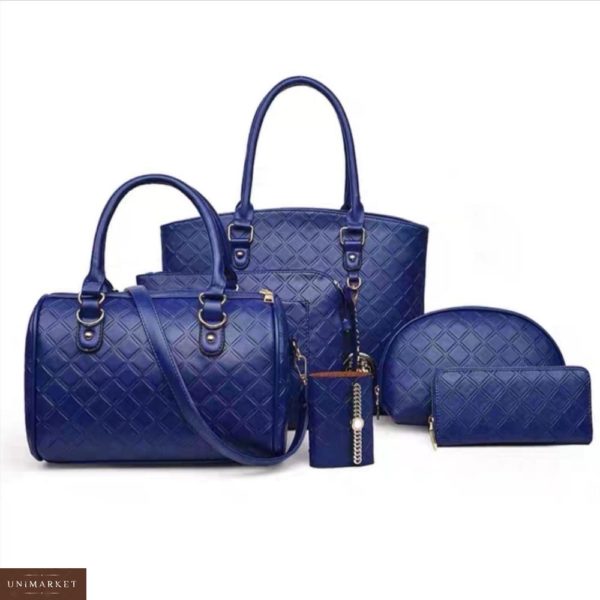Придбати дешево набір жіночий сумок 6в1 гаманець, клатч і косметичка кольору синього недорого