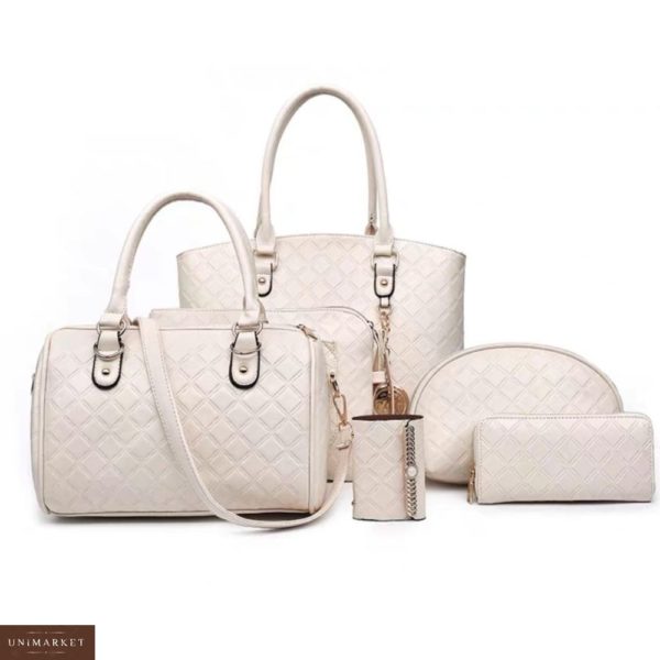 Купити дешево жіночий набір сумок гаманець 6в1, клатч і косметичка молочного кольору в подарунок