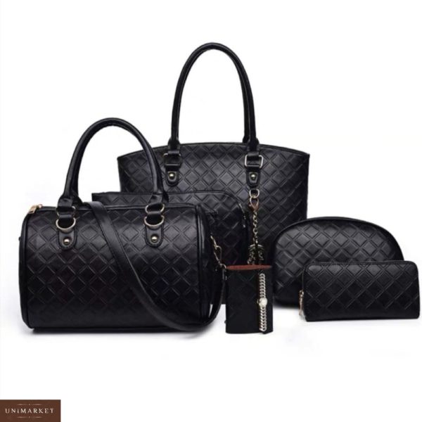 Придбати недорого жіночий набір сумок 6 в 1 гаманець, клатч і косметичка чорного кольору оптом Україна
