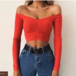 Купить онлайн женскую красную кофту-топ с открытыми плечами выгодно