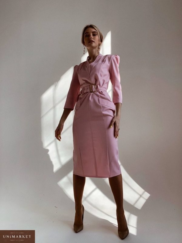 Заказать в подарок женское платье с поясом миди в деловом стиле цвета розового недорого