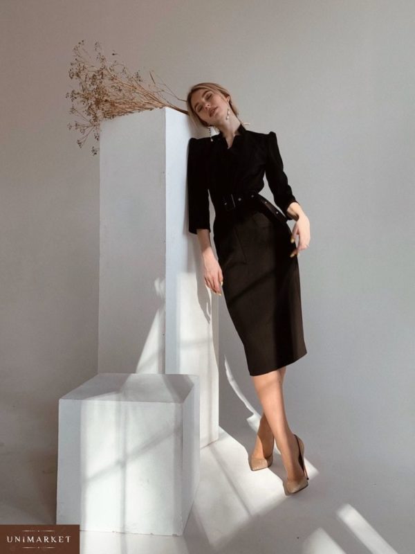 Купити в подарунок сукня жіноча міді з поясом в стилі діловому кольору чорного в Україні