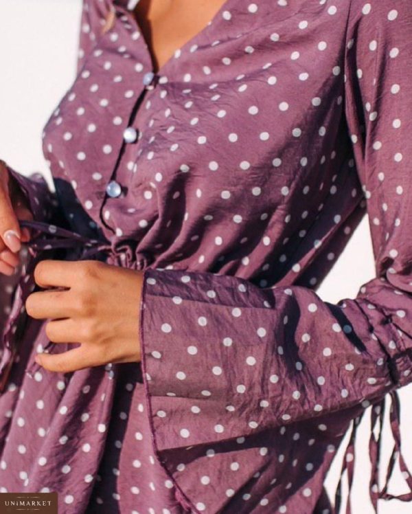 Приобрести в интернет-магазине женский летний комбинезон в горох с шортами из штапеля сиреневого цвета дешево