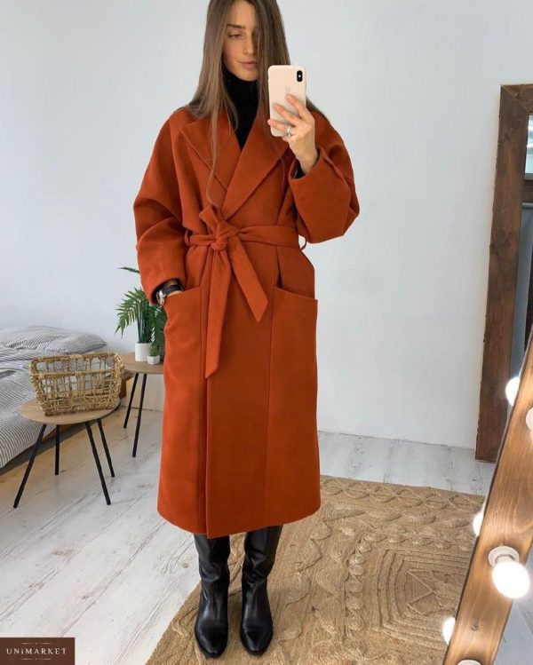 Приобрести недорого женское кашемировое пальто с поясом и карманами терракотового цвета оптом Украина