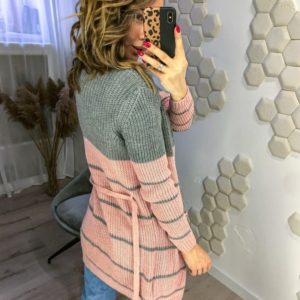 Купити в Україні жіночий двоколірний кардиган з поясом сіро-рожевий дешево