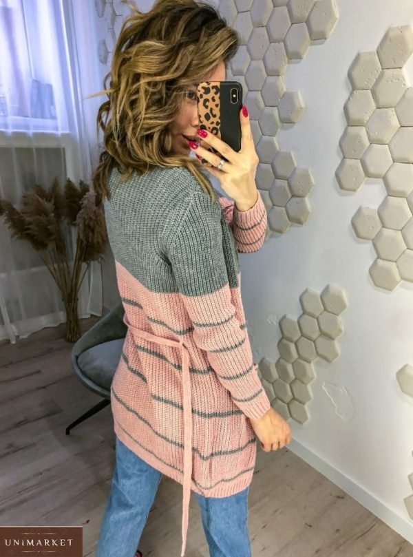 Купить в Украине женский двухцветный кардиган с поясом серо-розовый дешево
