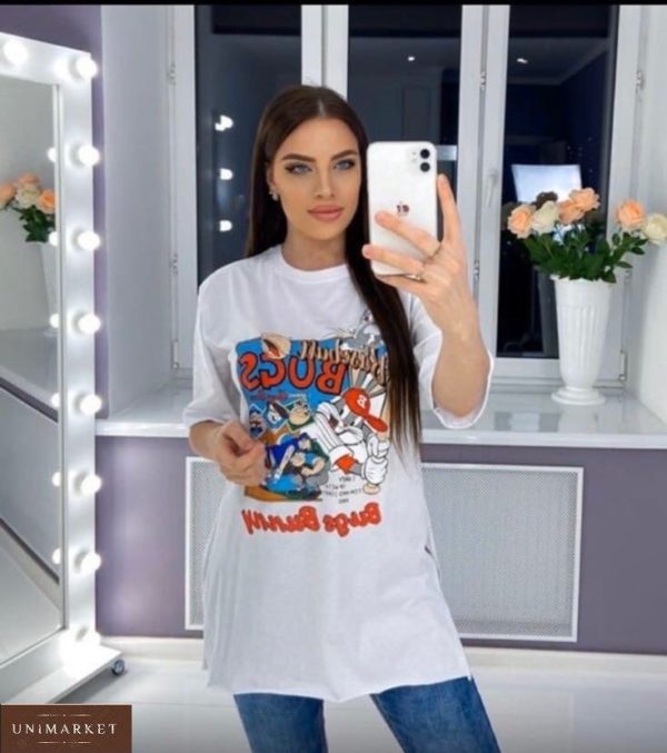 Замовити жіночу білу подовжену футболку з принтом Disney в Україні