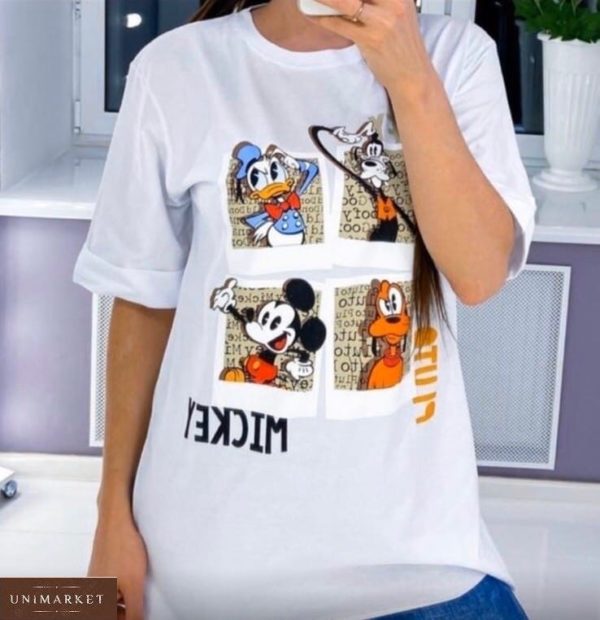 Купити жіночу білу подовжену футболку з принтом Disney в Україні