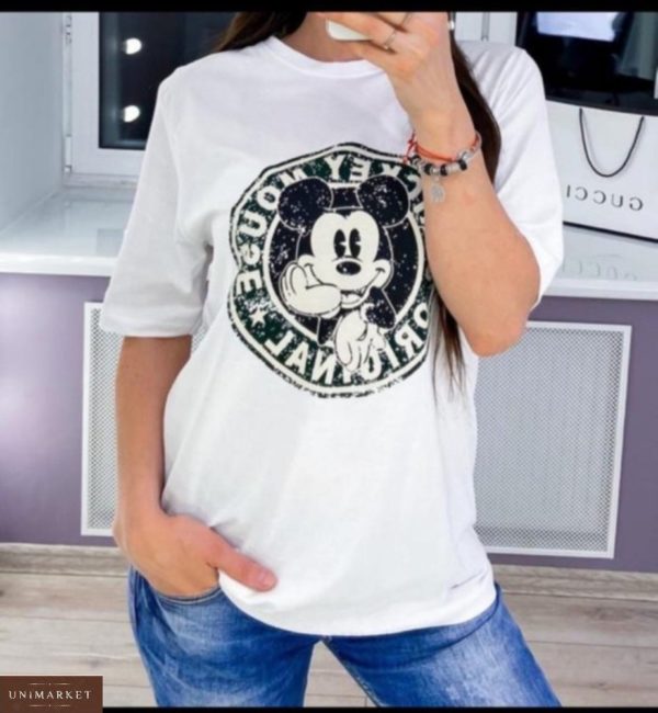 Купить женскую белую удлиненную футболку с принтом Disney в Украине