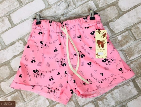 Купить женские розовые шорты из хлопка с принтом Микки Маус онлайн