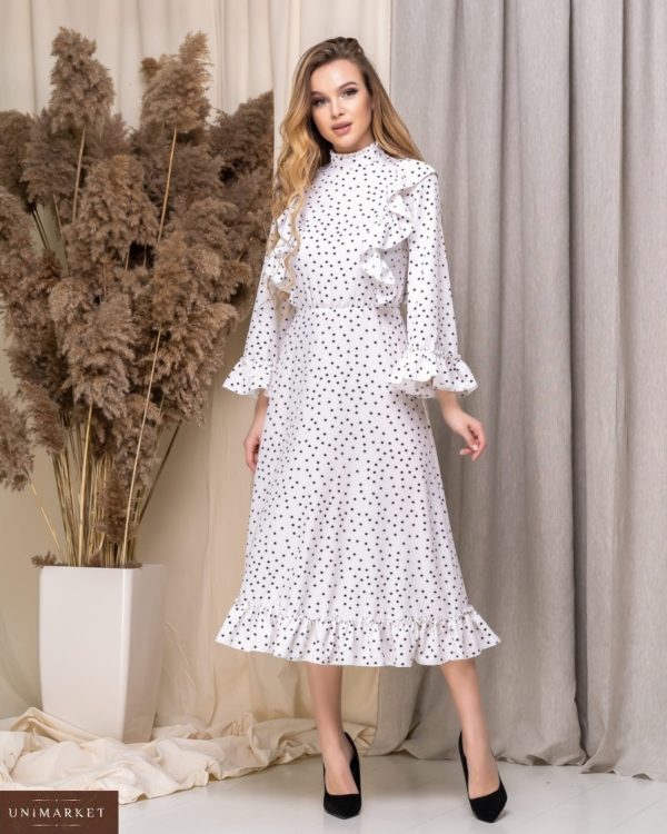 Купити онлайн біле жіноче плаття міді під горло з розкльошеними рукавами недорого