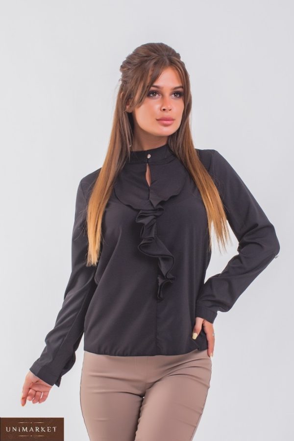 Купити чорну жіночу блузку з жабо з регулюючими рукавами (розмір 42-56) в Україні