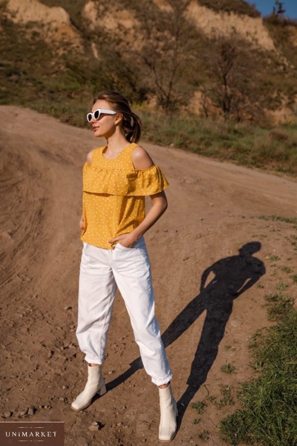 Купити жовту жіночу вільну блузку з відкритими плечима на гумці (розмір 42-56) в Харкові, Дніпрі