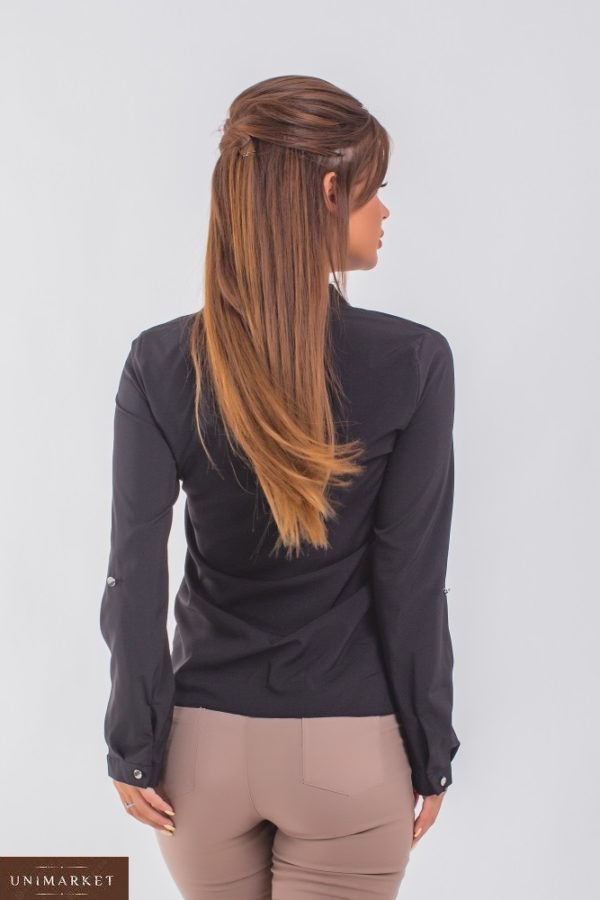 Замовити чорну жіночу блузку з жабо з регулюючими рукавами (розмір 42-56) онлайн по знижці