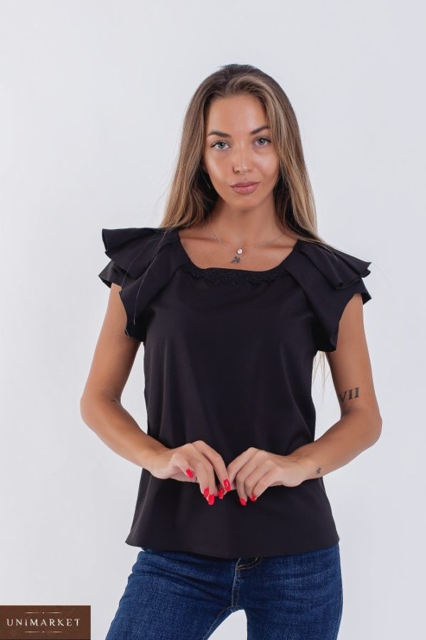 Придбати чорну жіночу легку блузку з коротким оригінальним рукавом (розмір 42-56) вигідно
