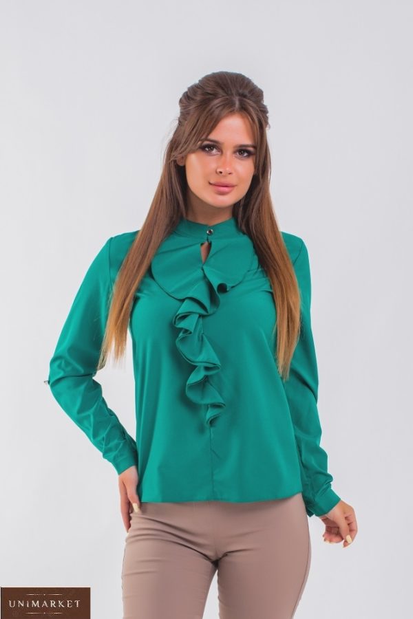 Придбати смарагдову жіночу блузку з жабо з регулюючими рукавами (розмір 42-56) в Києві