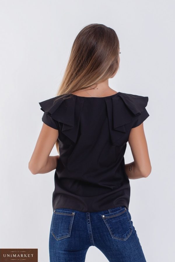 Купити чорну жіночу легку блузку з коротким оригінальним рукавом (розмір 42-56) по знижці