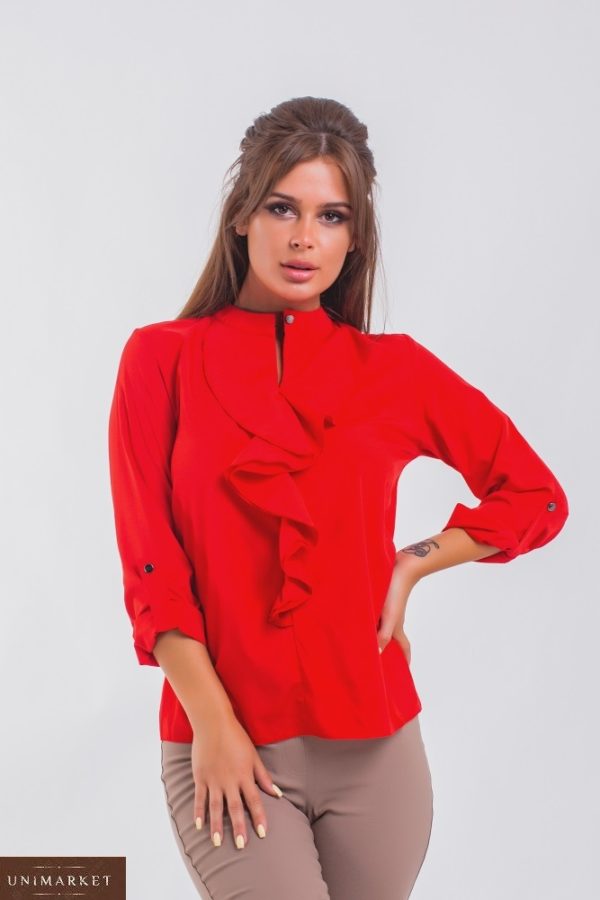 Замовити червону жіночу блузку з жабо з регулюючими рукавами (розмір 42-56) в Одесі, Львові