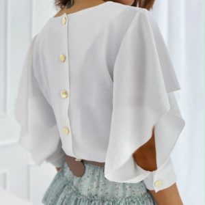 Замовити білу жіночу ніжну блузку-метелика з гудзиками на спині по знижці