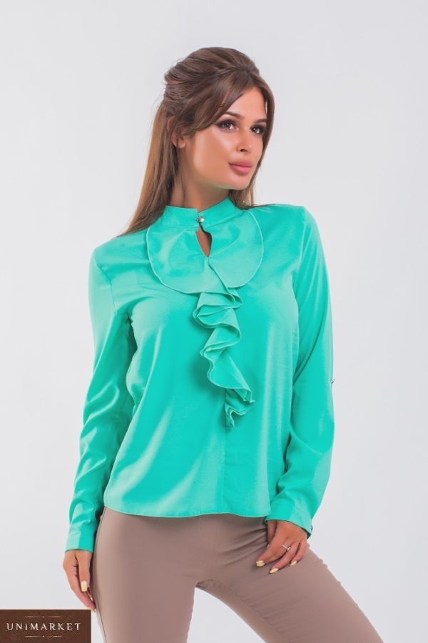 Замовити м'ятну жіночу блузку з жабо з регулюючими рукавами (розмір 42-56) за доступними цінами