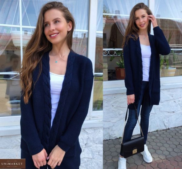 Купити синій жіночий щільний кардиган без застібки з плетінням в Україні