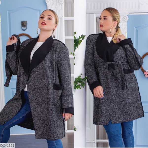Заказать онлайн серый женский кардиган с воротником и карманами на поясе (размер 48-62) в Украине