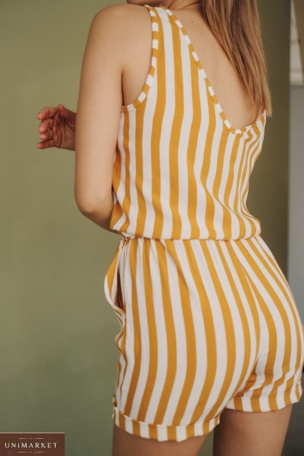Придбати жовтий жіночий літній комбінезон в смужку з льону (розмір 42-54) в Україні